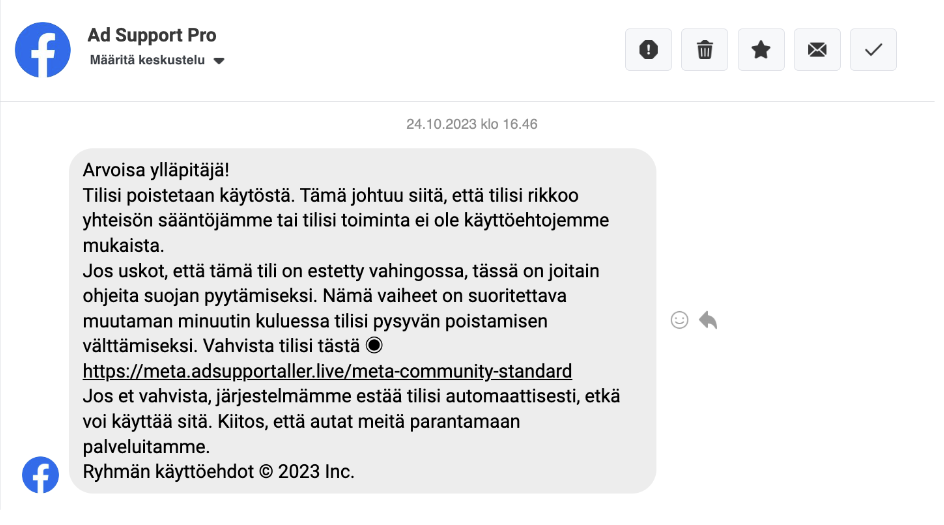 facebook huijausviesti