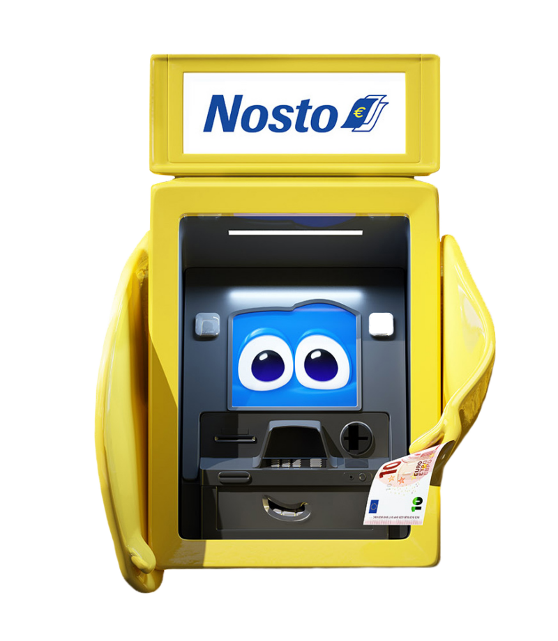 Nosto -käteisautomaatti, josta on tehty leikillinen hahmo, jolla on silmät, suu ja kädet.
