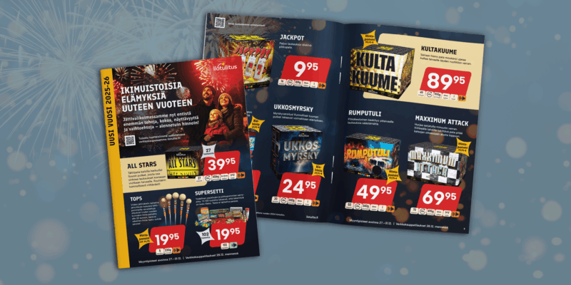 Kuva Jengan Suomen Ilotulitukselle tekemästä Ilotulitteiden mainoslehdestä.